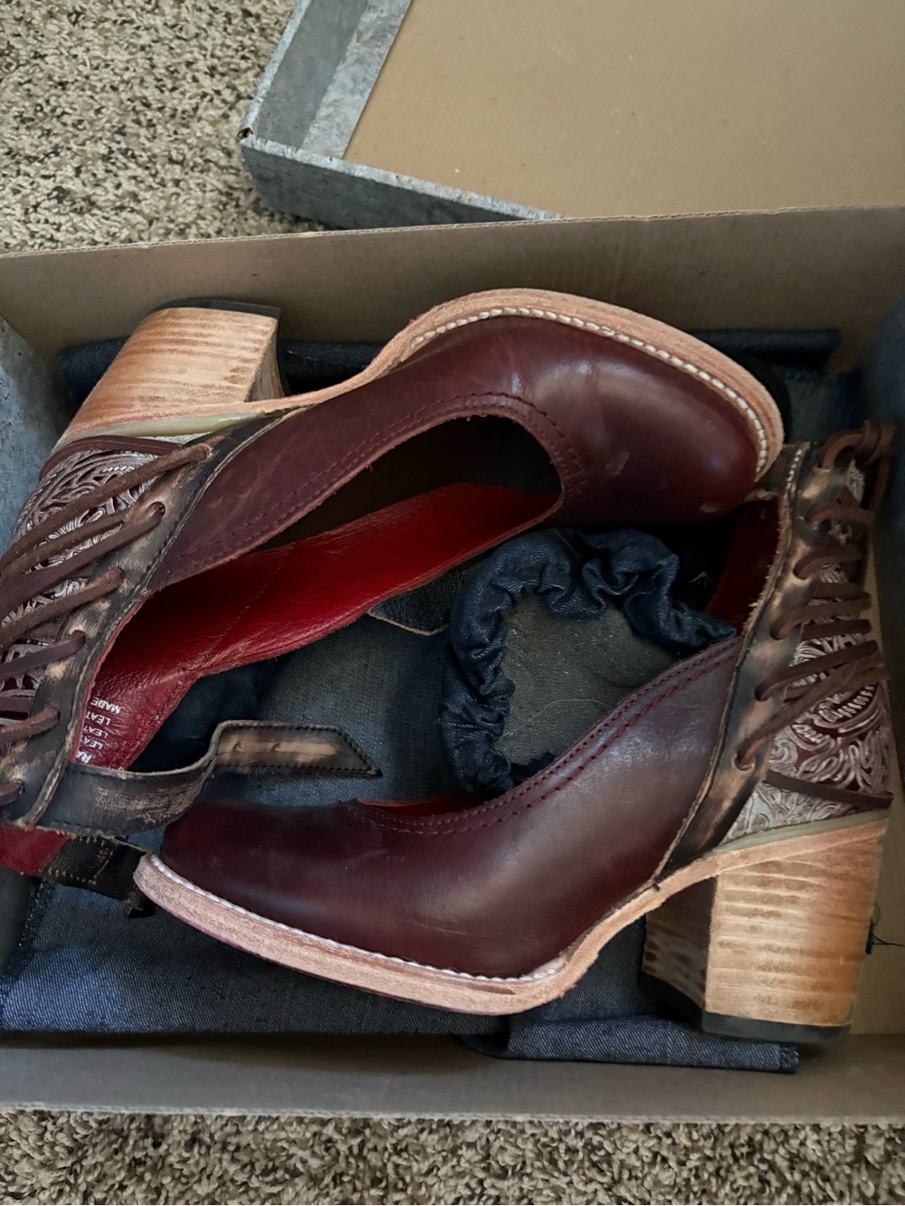 Freebird by Steven Burgundy Leather Block Heel Pumps with Tooled Detail